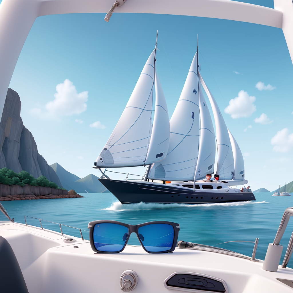 Polarisierende Sonnenbrille im Cockpit der Segelyacht mit einer großen Segelyacht unter vollen Segeln im Hintergrund.