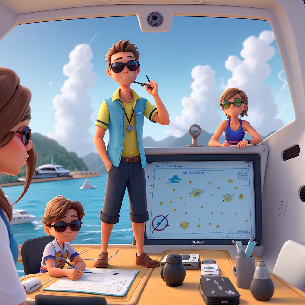 Skipper, Segler mit Sonnenbrille im Cockpit bei der Navigation am Kartentisch. Der Co-Skipper führt das Logbuch